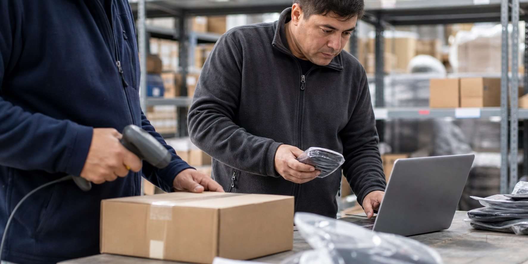Dos compañeros prueban el registro de una caja en un puesto de preparación de pedidos.